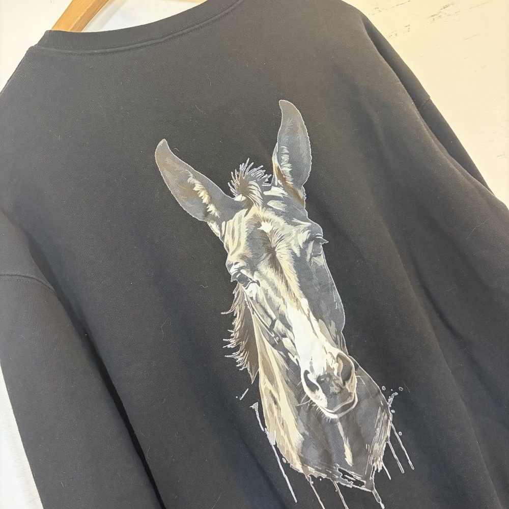 90s Mule Horse Black Sweatshirt Big Face Crewneck Art Nature Graphic Equestrian